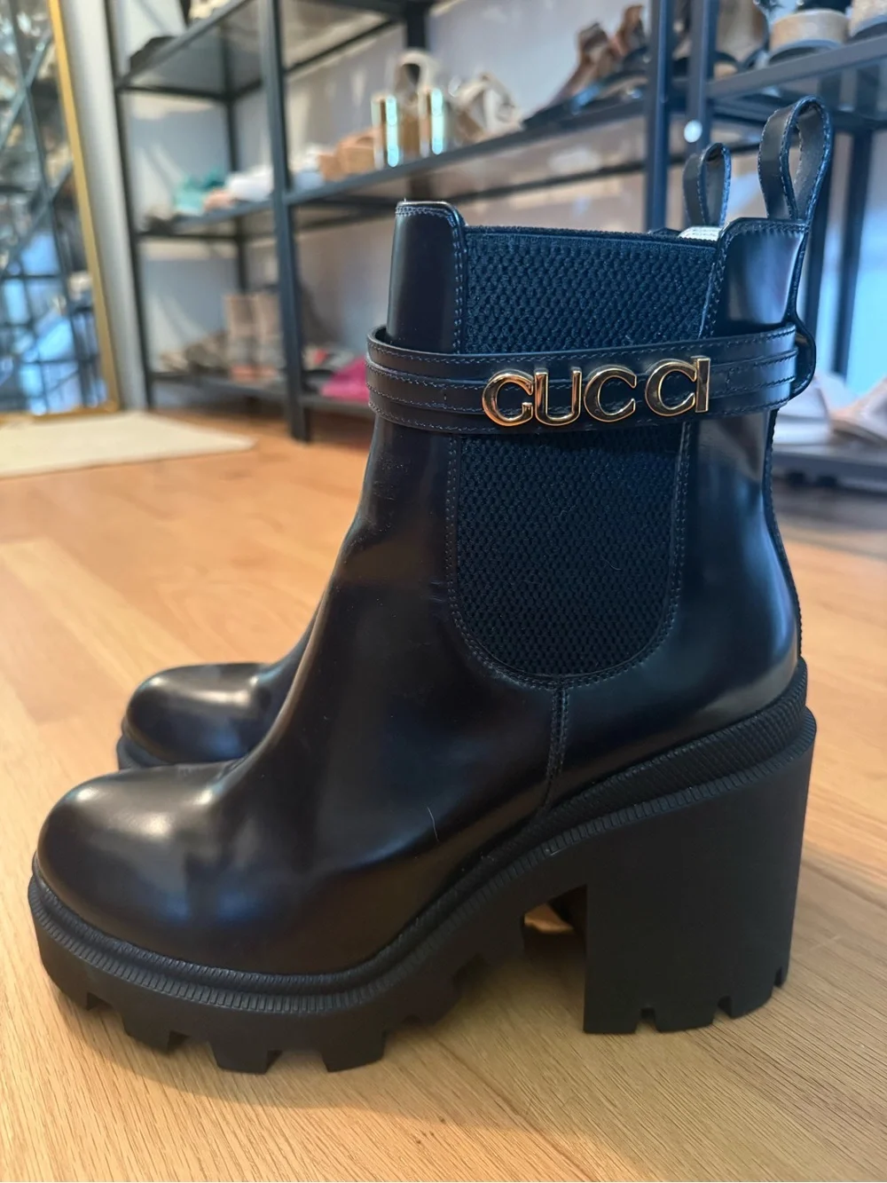Gucci Cara Logo Boot, Leather Lug Sole Ankle Boots with Gold Logo Strap - Picture 5 of 7
